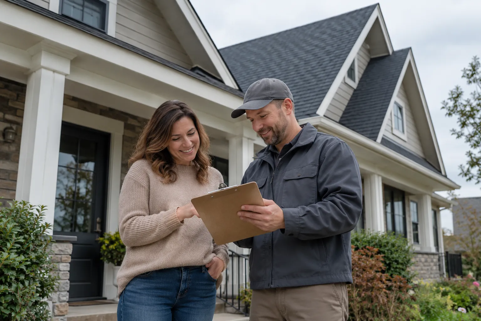 A provider and homeowner reviewing a roof estimate in the West Leechburg area