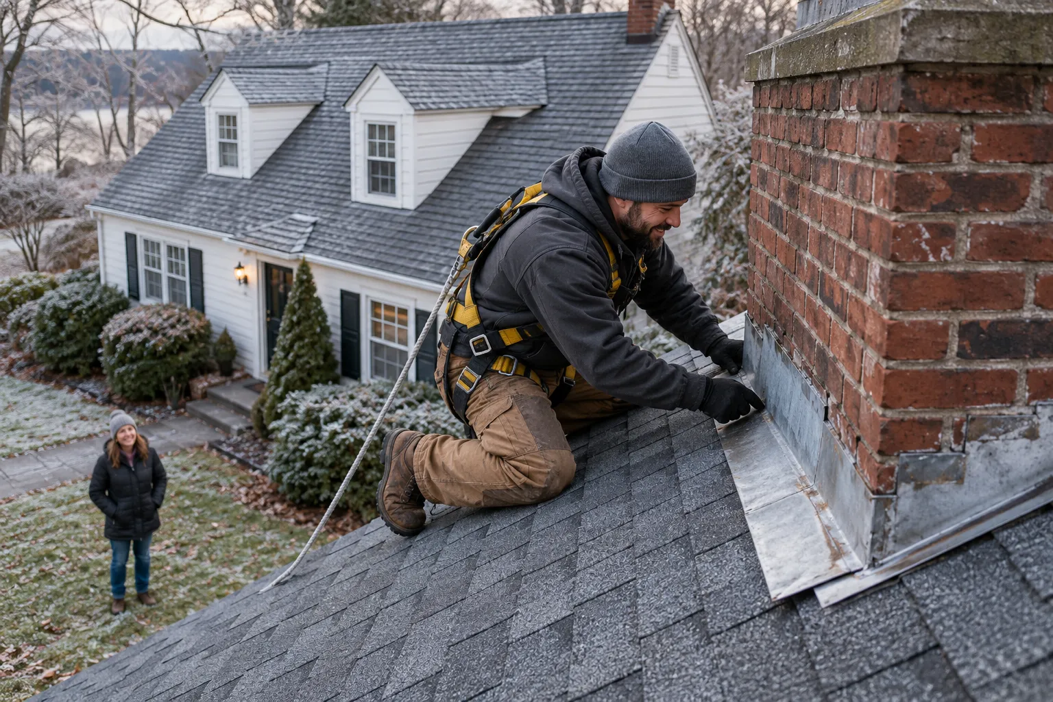 A local roofing provider inspecting shingles and flashing on a home in West Leechburg