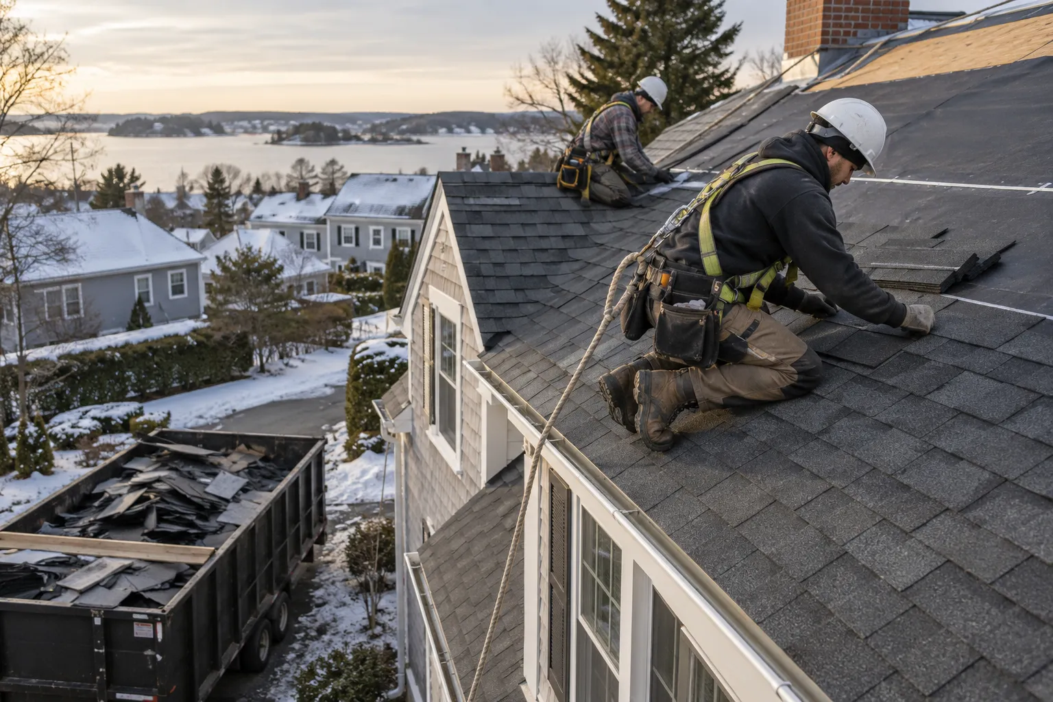 Roofing provider crew installing new shingles on a home in West Leechburg under clear skies